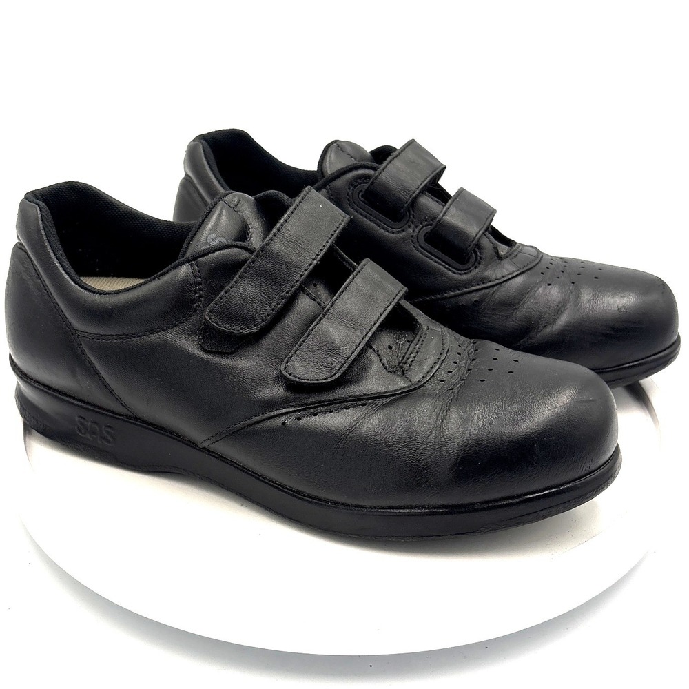 SAS Me Too Womens 7 M Black Leather Walking Shoes Hook Loop Comfort K8351920